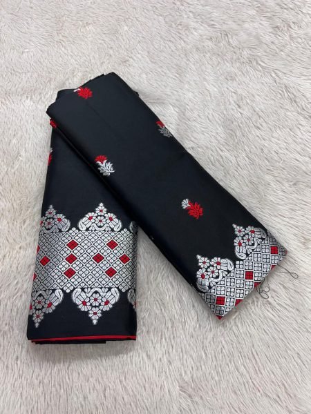 Elegant Black  Mix pat Fabric Assamese Chador Mekhela Mekhela Chador 