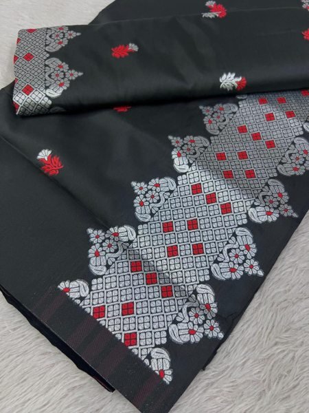 Elegant Black  Mix pat Fabric Assamese Chador Mekhela Premium Mix silk 