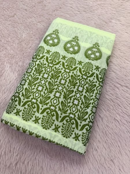 Elegant Green Mecrised Cotton Fabric Assamese Mekhela Chador  