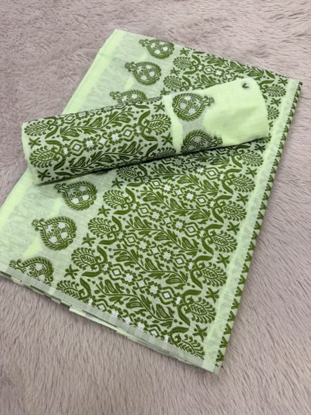 Elegant Green Mecrised Cotton Fabric Assamese Mekhela Chador  Kesapat cotton