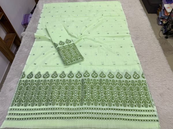 Elegant Green Mecrised Cotton Fabric Assamese Mekhela Chador  Kesapat cotton