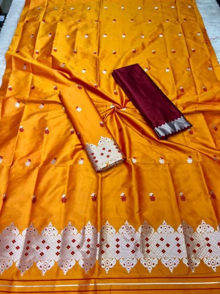 Elegant Mustard Mix pat Fabric Assamese Chador Mekhela Premium Mix silk 