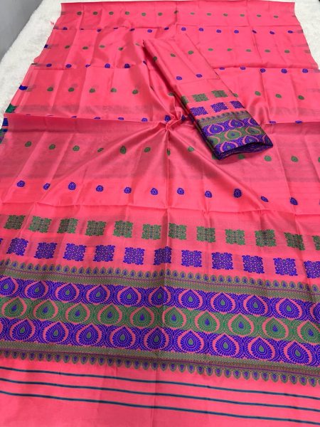 Lavender Colour Premium  Poly Silk Assamese  Mekhela Sador  Premium Poly Silk