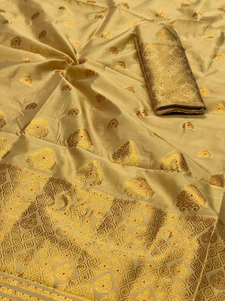 Muga poly Silk Mekhela Sador  Premium Poly 