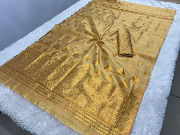 Muga poly Silk Mekhela Sador  Premium Poly 