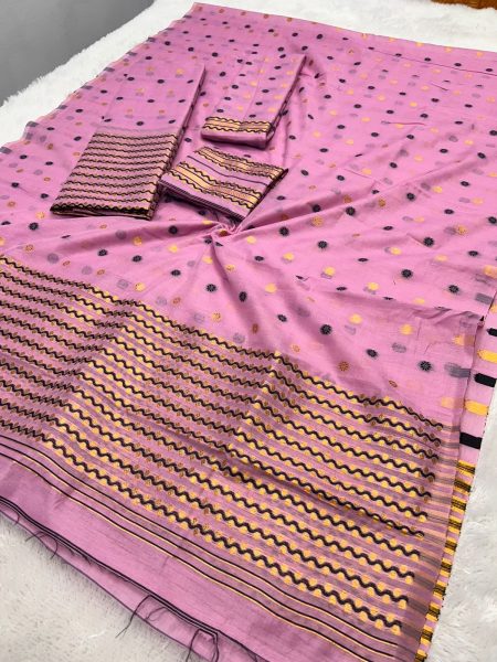 Pink Woven Jari Work Ac Cotton Mekhela Sador  Ac Cotton 