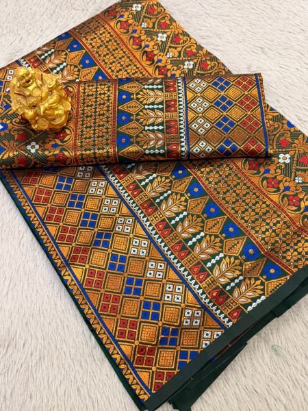 Premium Assamese  Bottle Green Mix pat  Mekhela Sador  Premium Mix silk 
