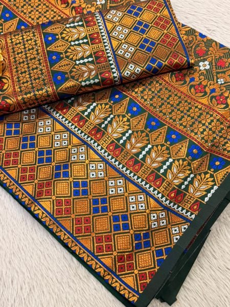 Premium Assamese  Bottle Green Mix pat  Mekhela Sador  Premium Mix silk 
