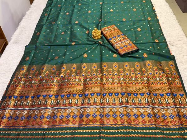 Premium Assamese  Bottle Green Mix pat  Mekhela Sador  Premium Mix silk 