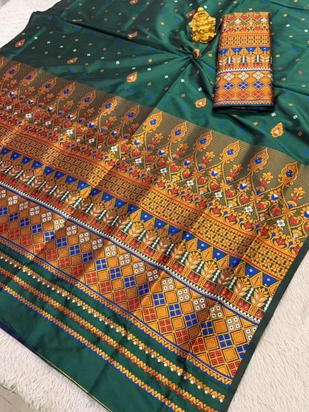Premium Assamese  Bottle Green Mix pat  Mekhela Sador  Premium Mix silk 