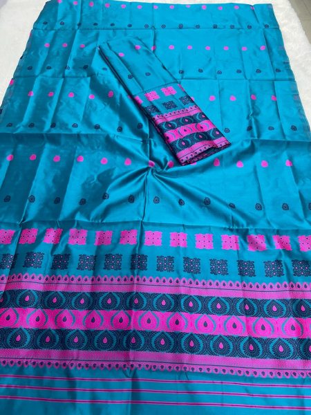 Sky Blue Colour Premium  Poly Silk Assamese  Mekhela Sador  Premium Poly Silk