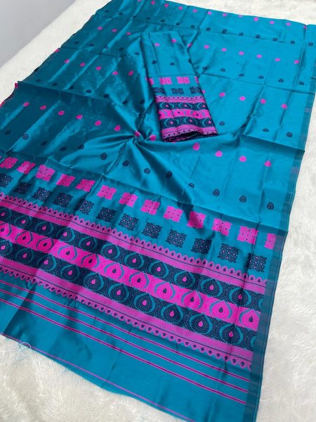 Sky Blue Colour Premium  Poly Silk Assamese  Mekhela Sador  Premium Poly Silk