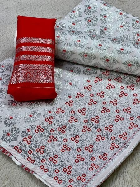 White Colour Mixpat Mekhela Sador with Silver Jari & Red Suta 