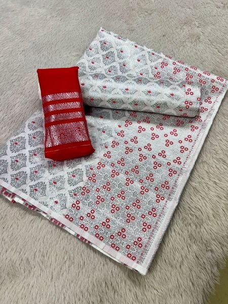 White Colour Mixpat Mekhela Sador with Silver Jari & Red Suta Premium Mix silk 