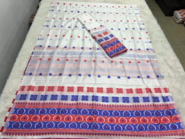 White Colour Premium  Poly Silk Assamese  Mekhela Sador  Premium Poly Silk