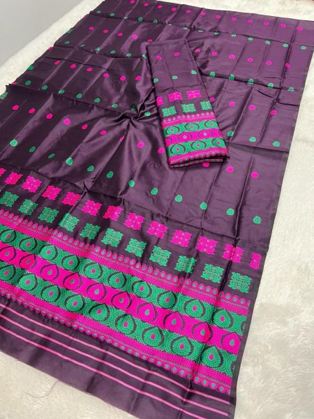 Wine Premium  Poly Silk Assamese Mekhela Sador  Premium Poly Silk