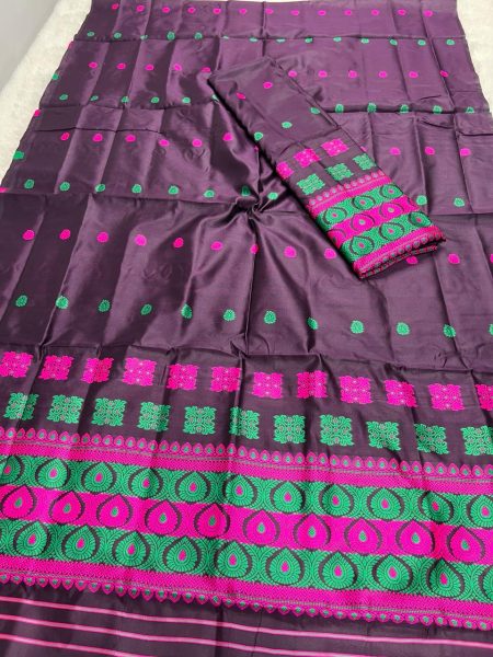 Wine Premium  Poly Silk Assamese Mekhela Sador  Premium Poly Silk
